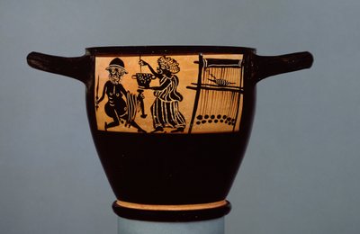 Boeotian black-figure skyphos, decorated with a scene of Odysseus being given a drugged potion by Circe, from the workshop of the Mystae Painter, from Thebes, Boeotia, late 5th century BC by Greek